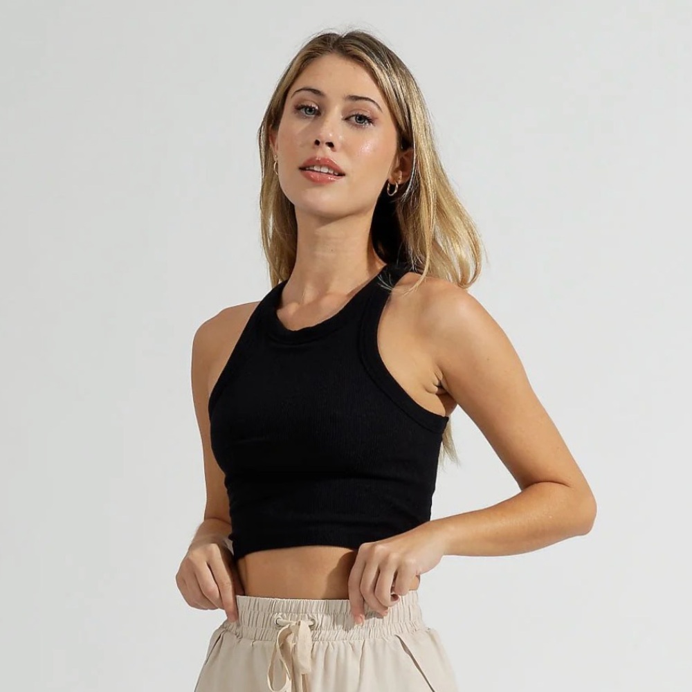 Buffbunny Crop Tank Top Large Womens Racerback Black Ribbed Seamless Gym Stretch